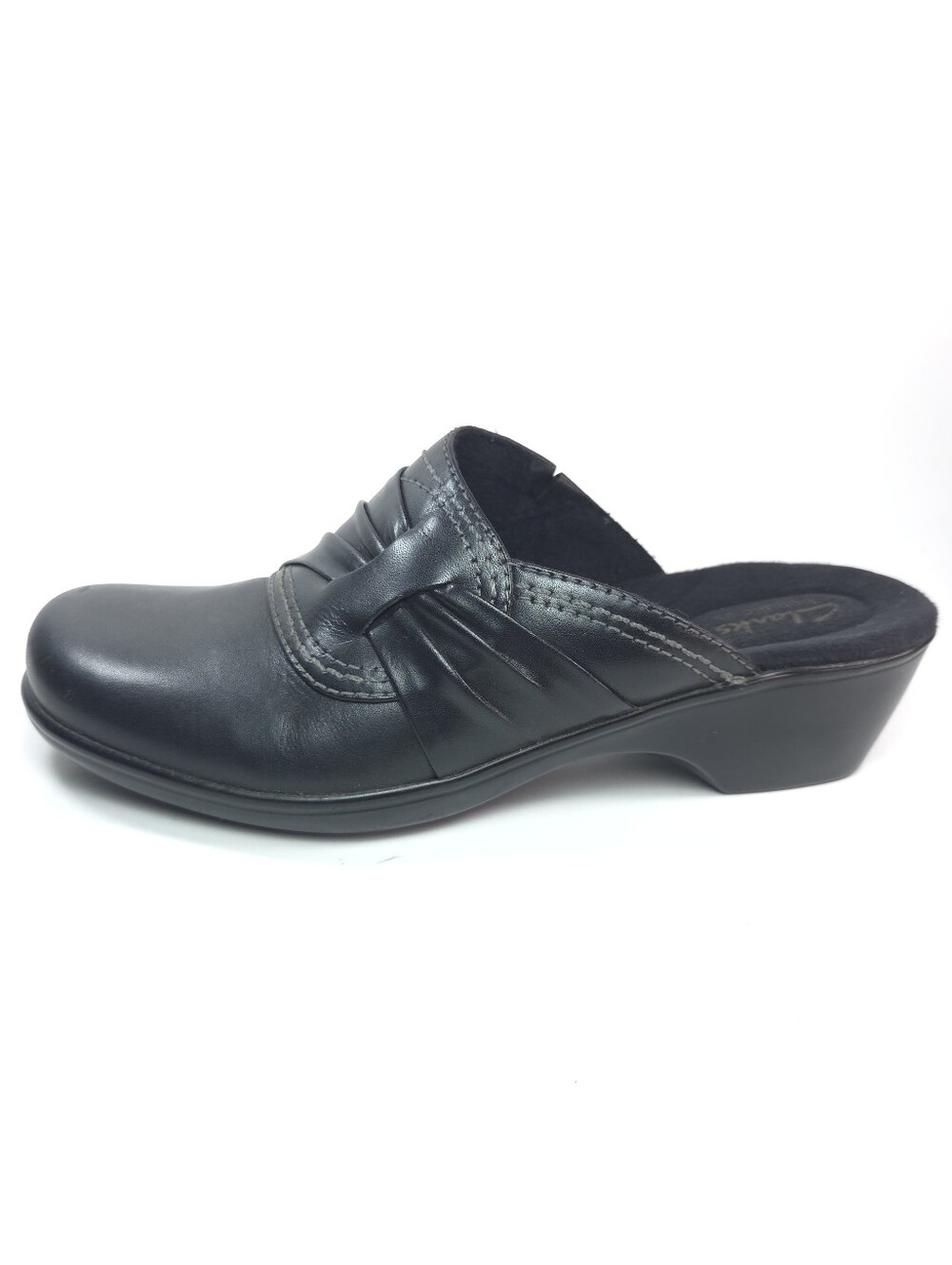 Clarks Black Leather Pleated Slip‑On Mule Sz 7.5
